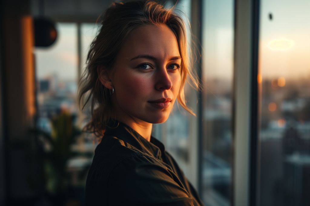 Woman gazing through a window at sunset with city backdrop