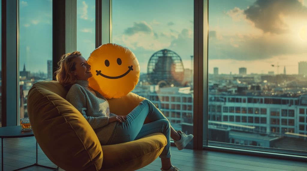 Woman relaxing with a smiley face balloon by a window overlooking the city