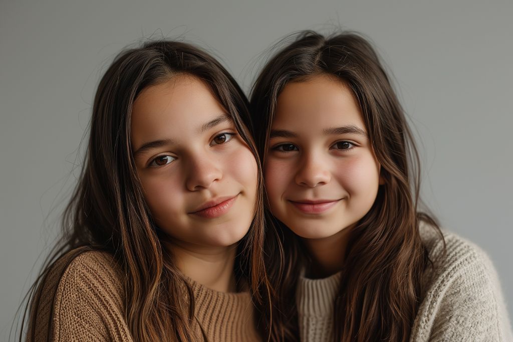 Twin girls with brown hair smiling gently at the camera