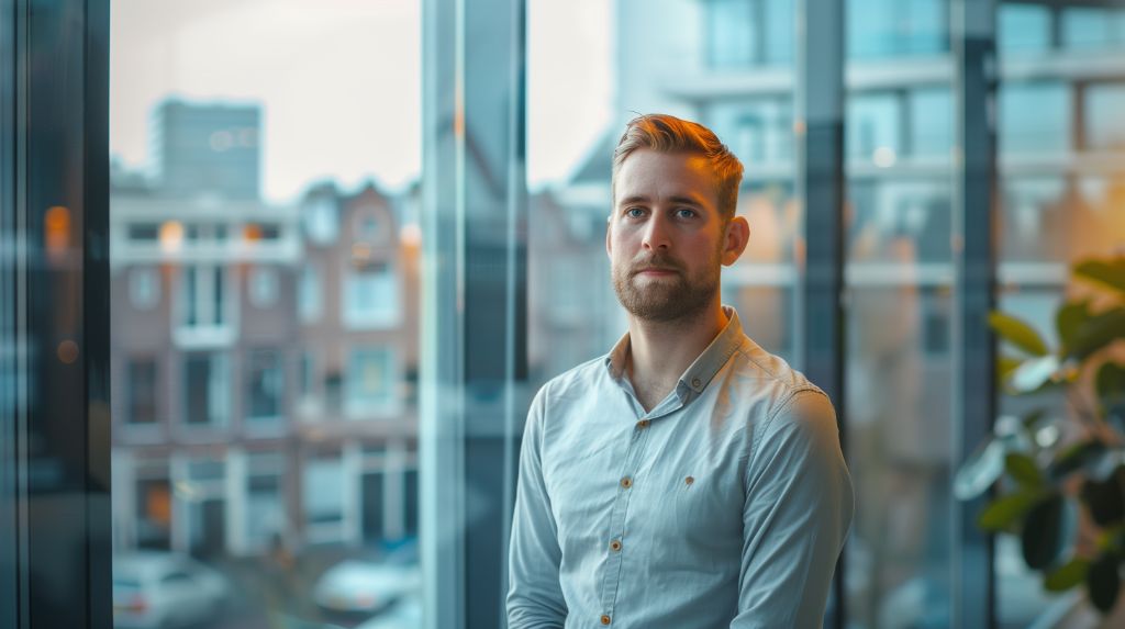 Professional man standing by the window in an office setting