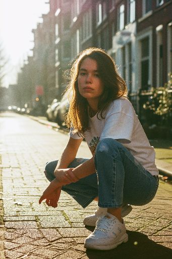 woman in embroidered t-shirt crouching on dutch street