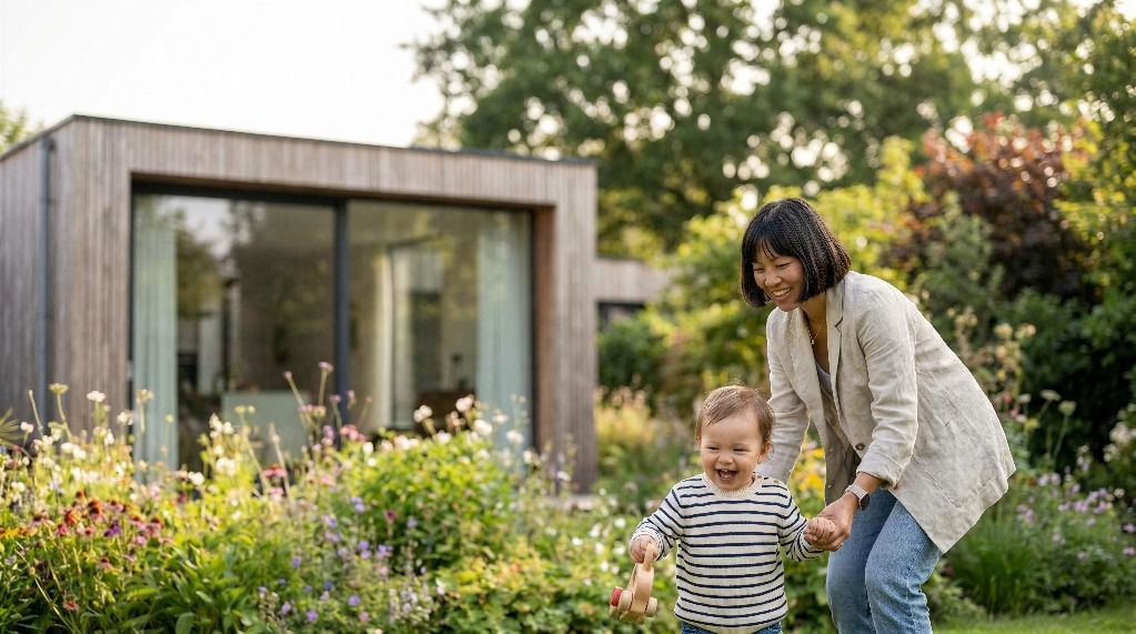 Woman and child enjoying a garden walk near a modern house.
