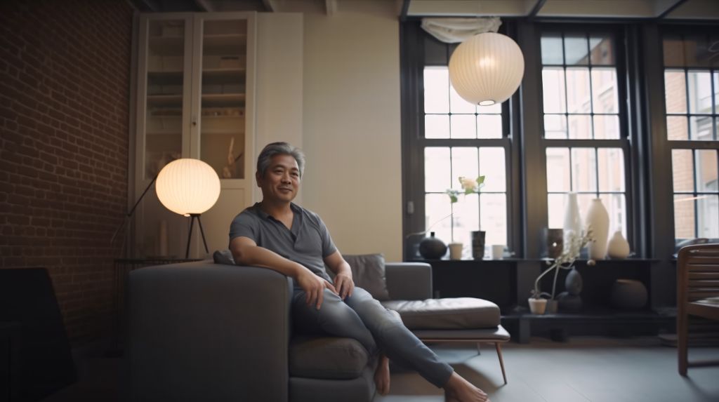 55-year-old asian man in living room