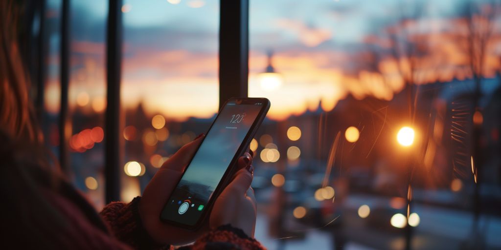 Person holding a smartphone inside a bus during a vibrant sunset