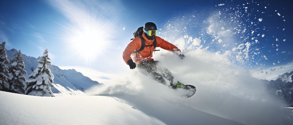 skier carving through snow, focused and intense, close-up shot, high alpine terrain.