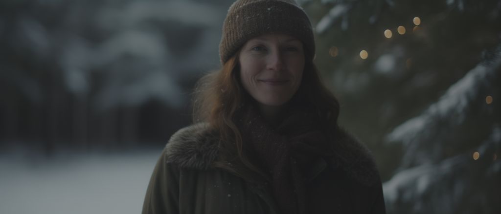 Woman smiling gently in a snowy landscape with twinkling lights