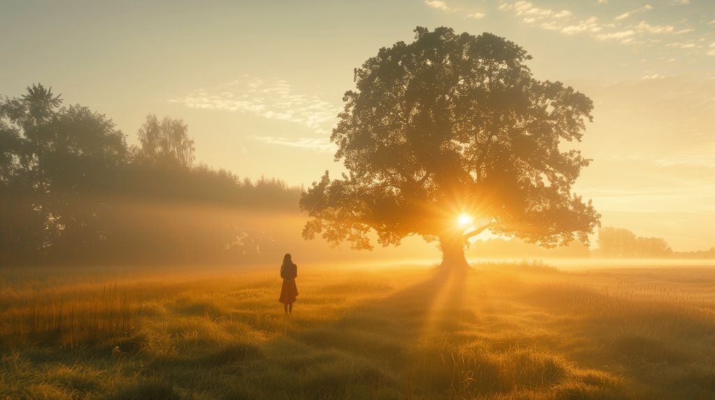 Person standing in a field with a tree and sunrise in the background