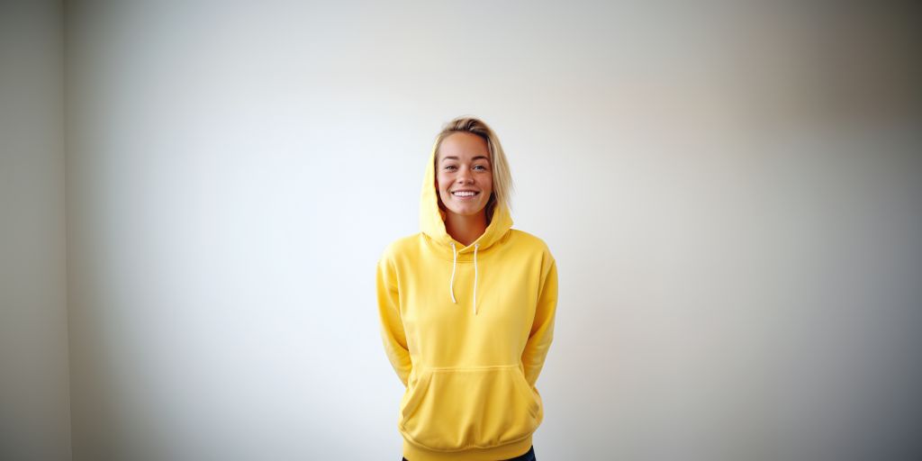 smiling 20-year-old girl in yellow hoodie - clean studio shot