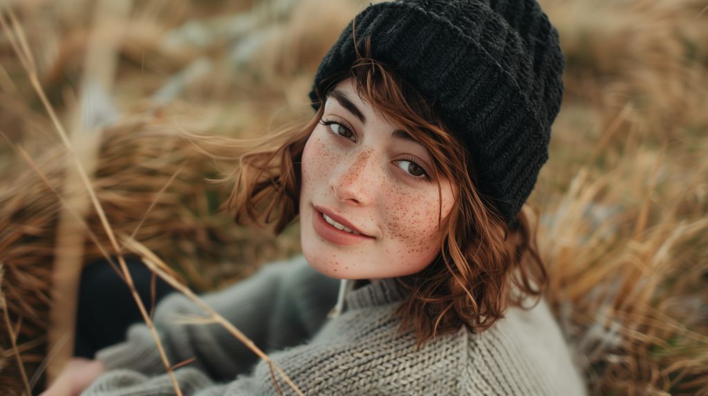 Young woman with freckles wearing a beanie in a field