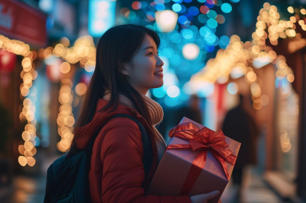 asian woman holding a gift box on a vibrant christmas city street.