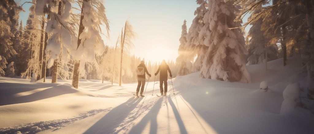Couple walking in snow-covered forest landscape