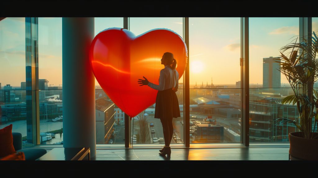 Person with a heart-shaped balloon facing a sunset cityscape through large windows
