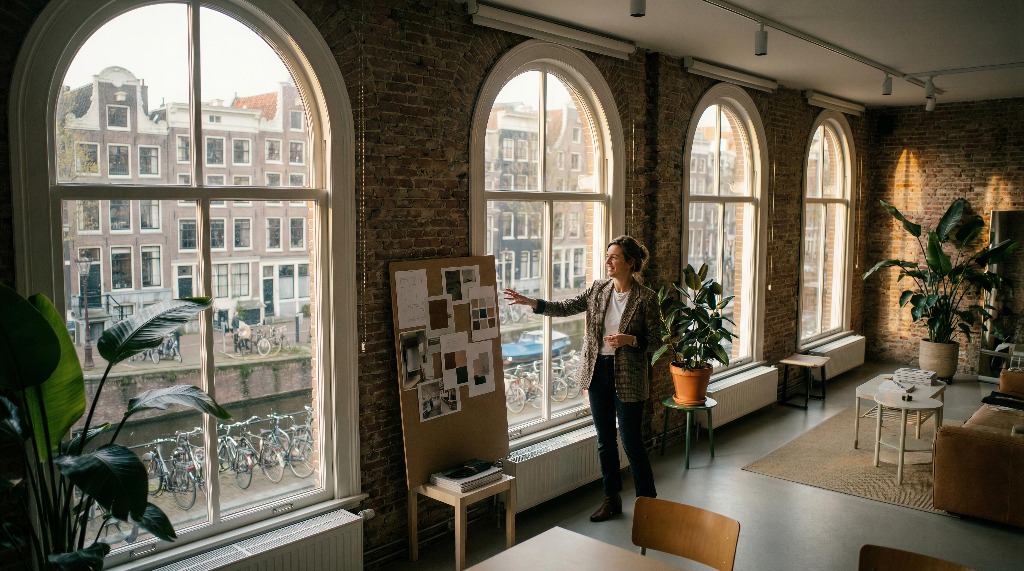 Person presenting in a stylish office with large windows.