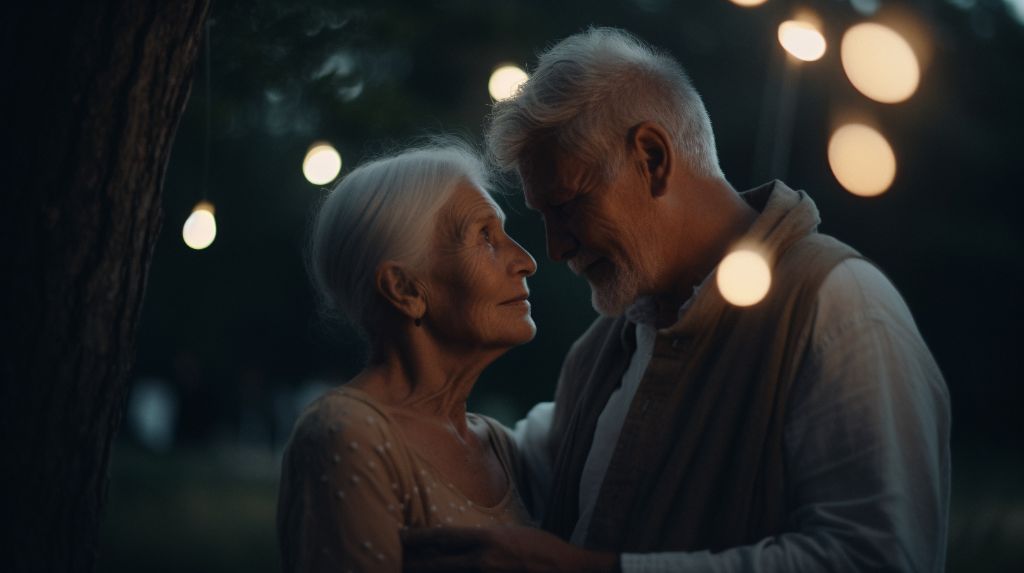 Elderly couple embrace in forest with fireflies