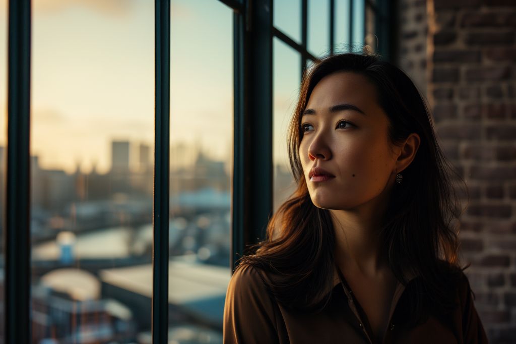 Woman gazing out a window during golden hour in an urban setting