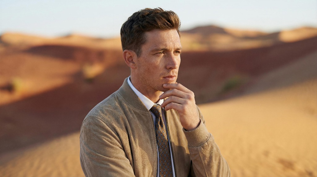 Man in a suit standing thoughtfully in a desert landscape.