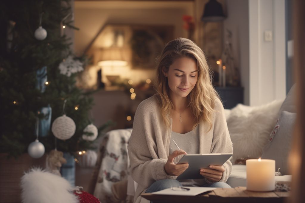 Woman holding a tablet in Christmas decorated living room