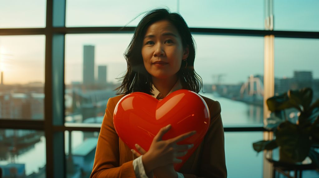 Woman holding a red heart-shaped balloon with a cityscape background