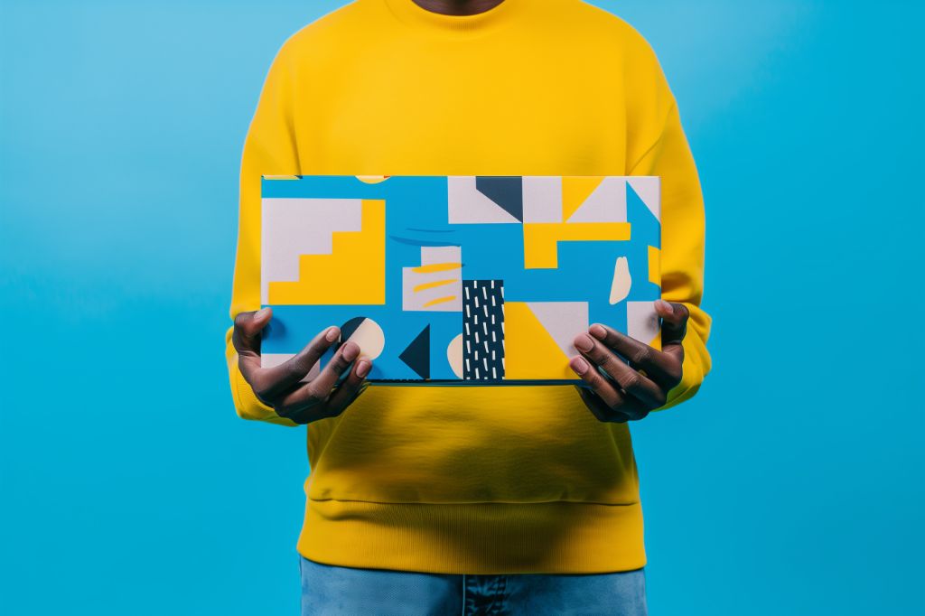 Person in yellow sweater holding a colorful abstract painting