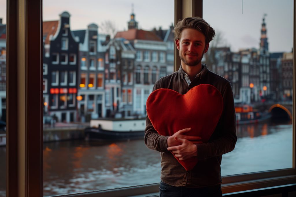 Man holding a heart-shaped pillow with Amsterdam canal backdrop