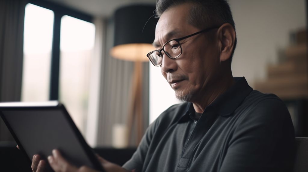 65 years old Asian man holding tablet at home
