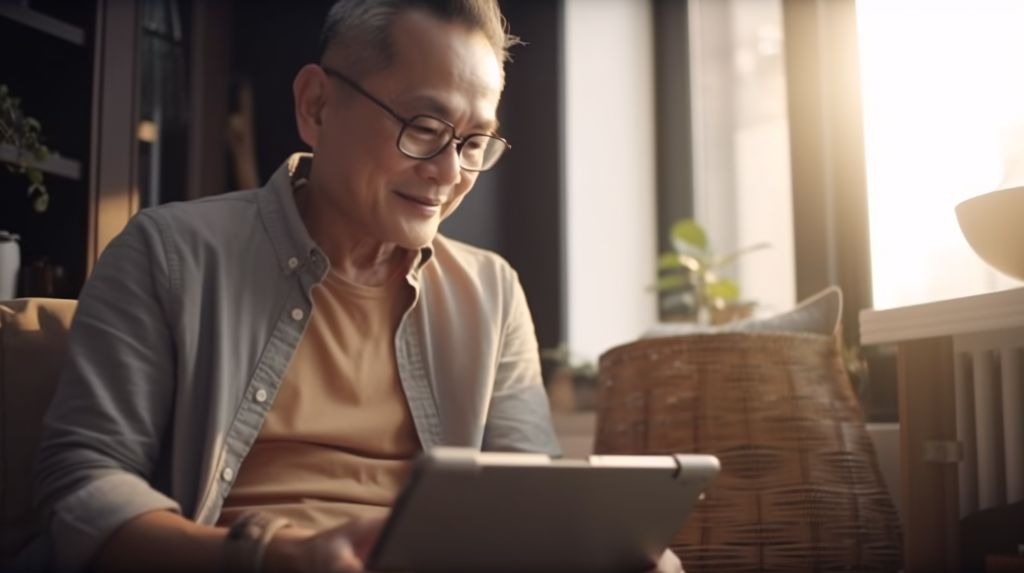 65 years old Asian man holding tablet at home