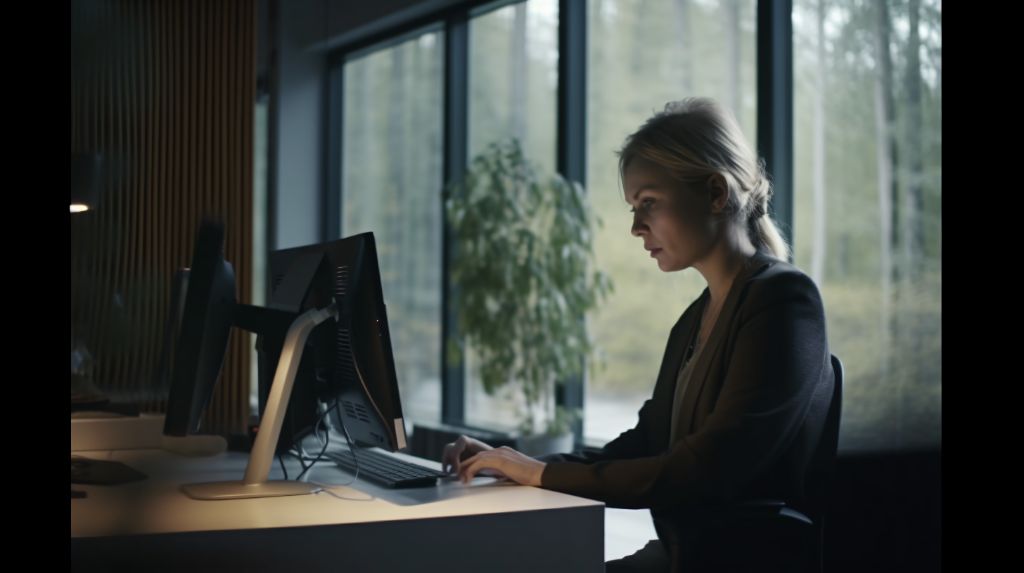 Evening office work: woman on desktop computer