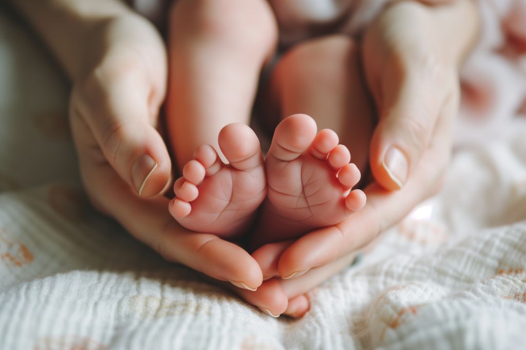 Adult hands cradling a baby's bare feet gently against a soft blanket