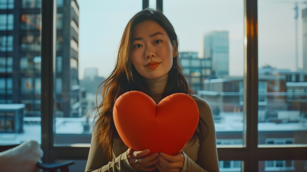 Woman holding a red heart-shaped object with a cityscape background