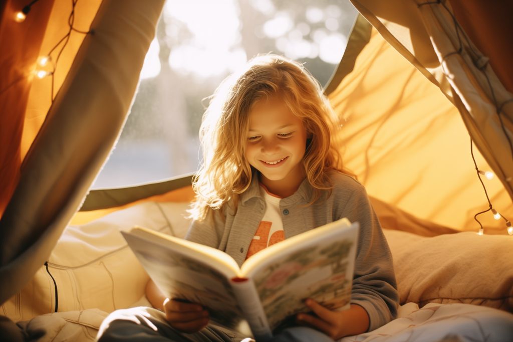 Girl reading book in home tent