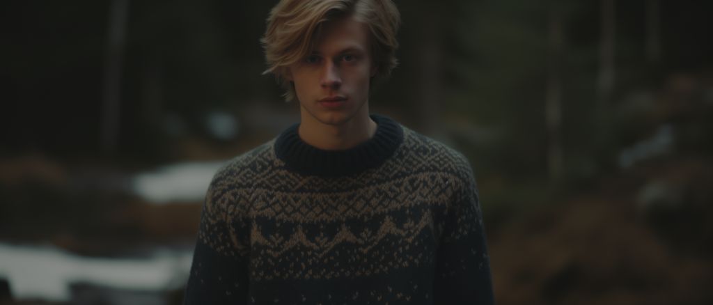 Teenage boy in vintage christmas sweater in swedish forest