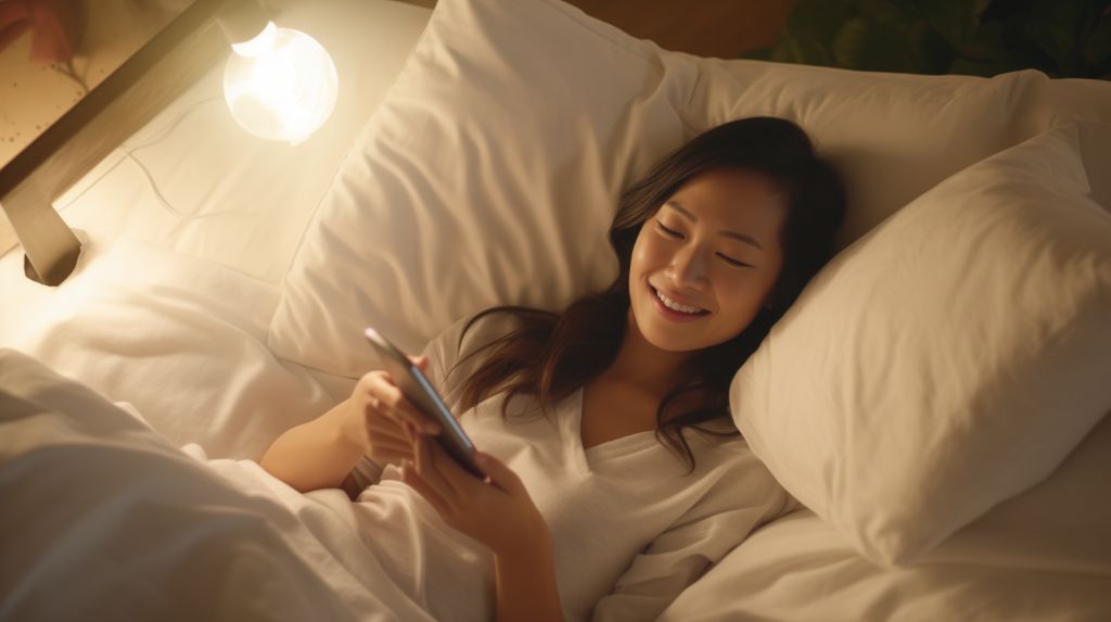 Image of an Asian woman using smartphone in bed