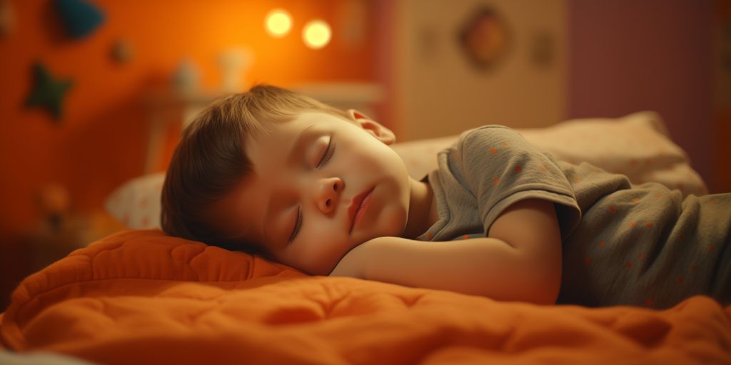 baby boy peacefully sleeping in warmly lit orange room