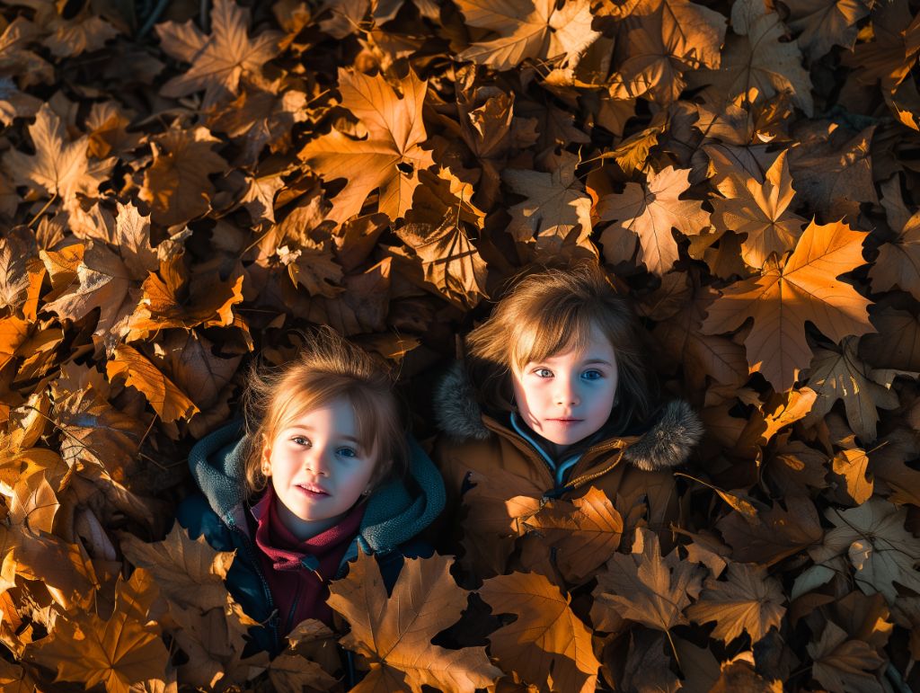 two kids in leaves, top view