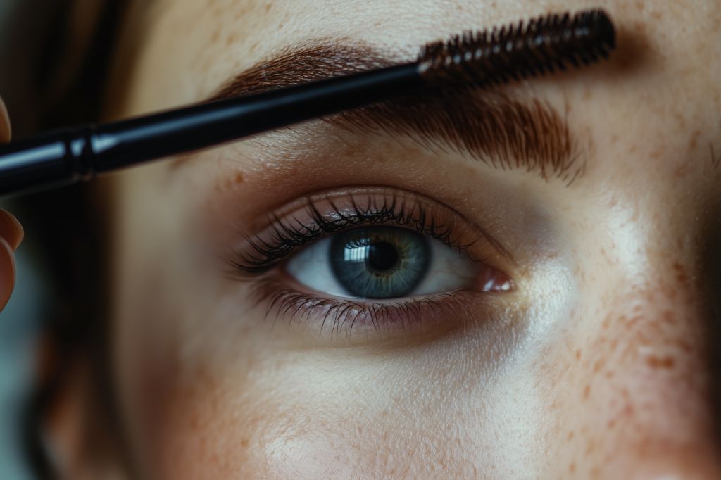 Close-up of a person grooming their eyebrow with a brush