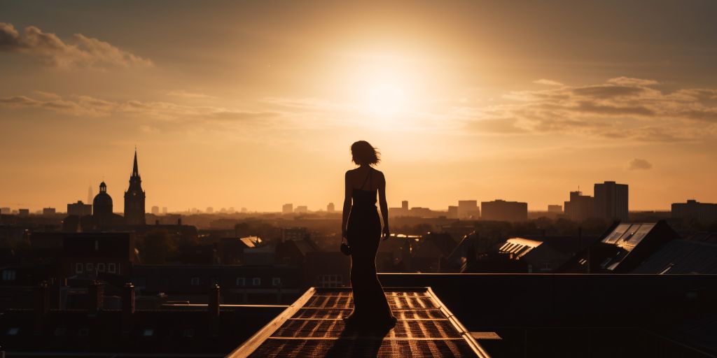 woman on rooftop at sunset