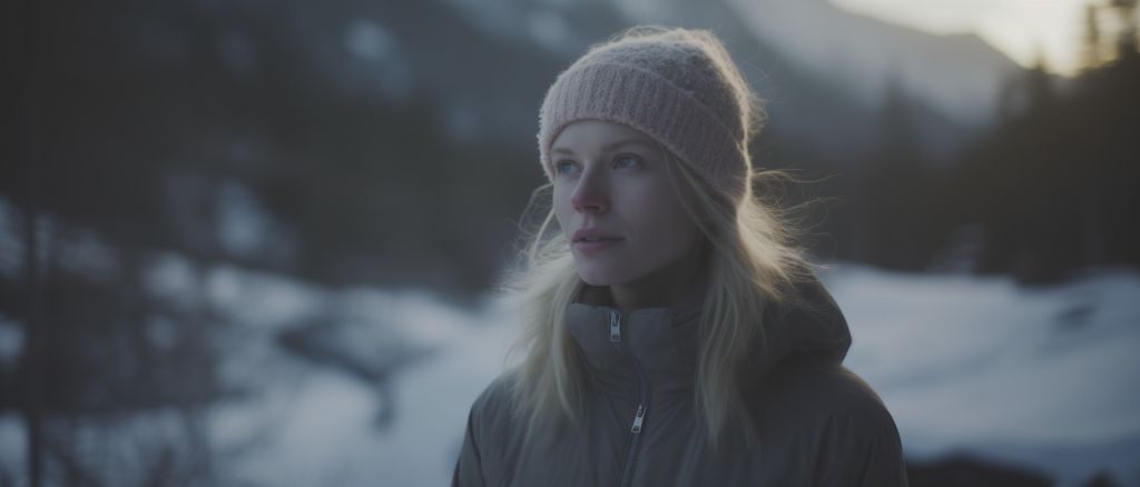 Golden hour winter portrait: woman in swiss alps, cinematic holiday, depth of field