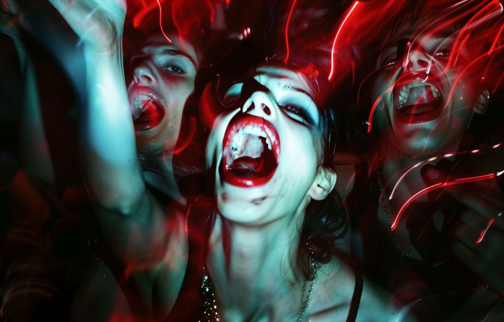 Energetic party scene with vibrant light trails and dynamic expressions