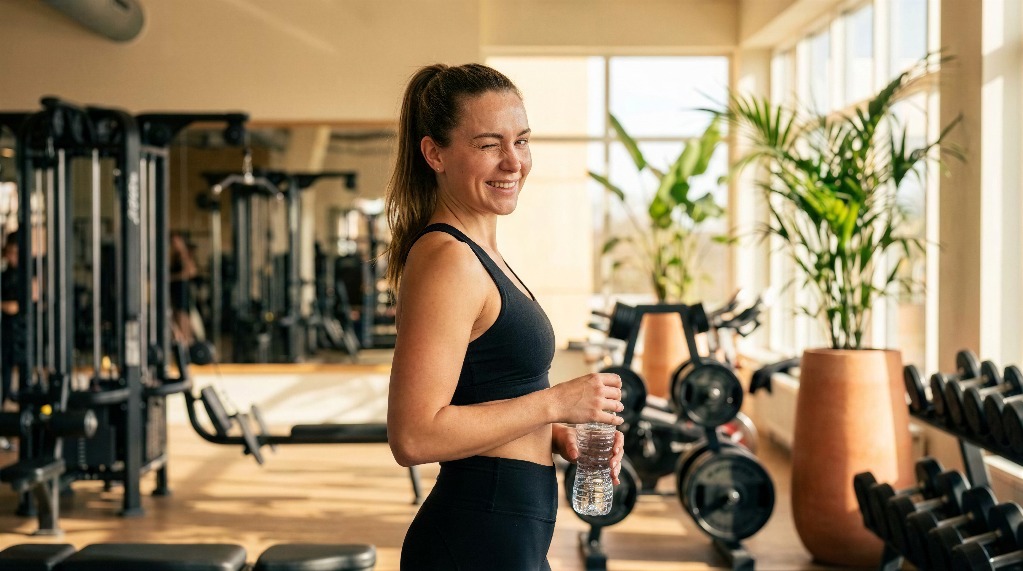 Young woman smiling in a gym holding a water bottle.