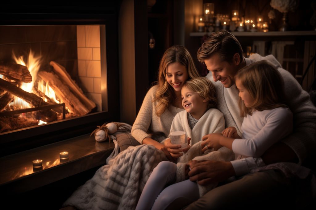 Cozy family evening by the fireplace: love, warmth, and togetherness