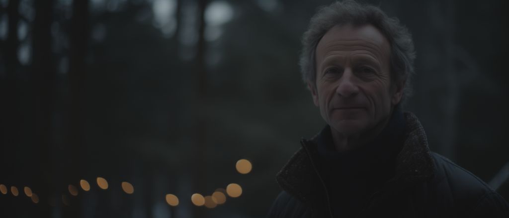 Man in a jacket standing in twilight woods, soft focus lights behind