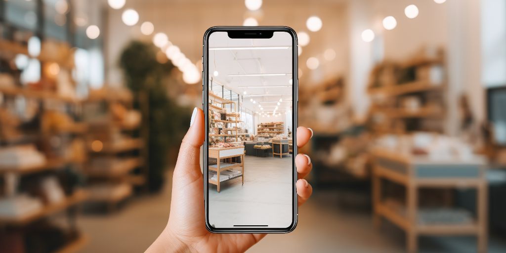 Photo of a female hand holding phone in a shop. Phone mockup