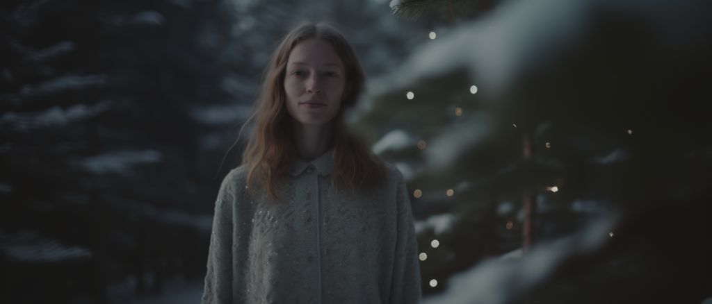 Woman in christmas sweater in a winter forest