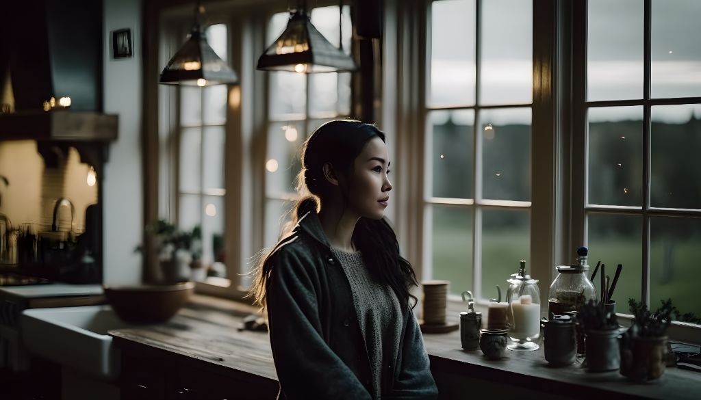 Asian woman in a room with large windows