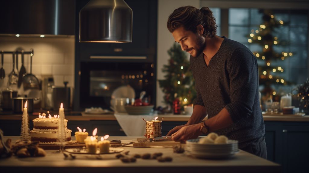 Man baking christmas cake in contemporary kitchen