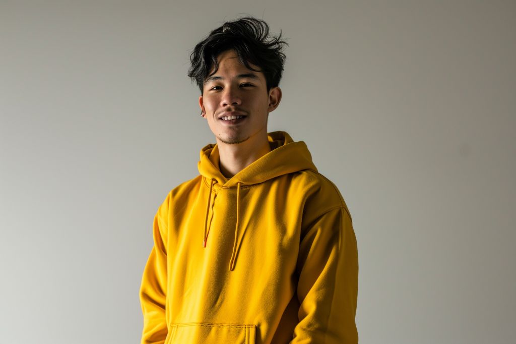 Young man in yellow hoodie smiling against a grey background