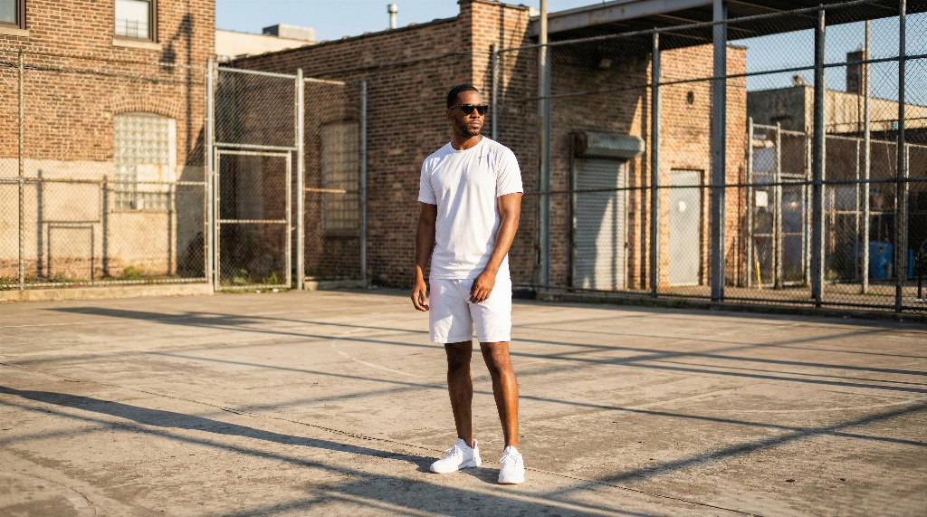 Man in white outfit standing on an urban basketball court.