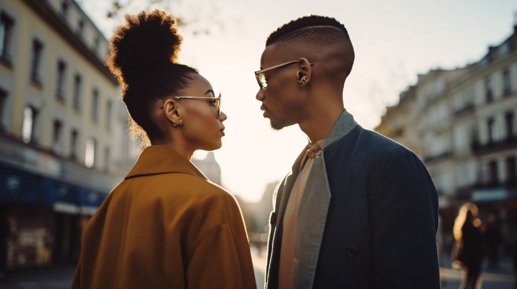 Fashion shoot/ Urban setting/ Medium shot, standing face to face, side view/ cityscape background/ Golden hour/ Outdoor street/ competitive/ Two people head to head
