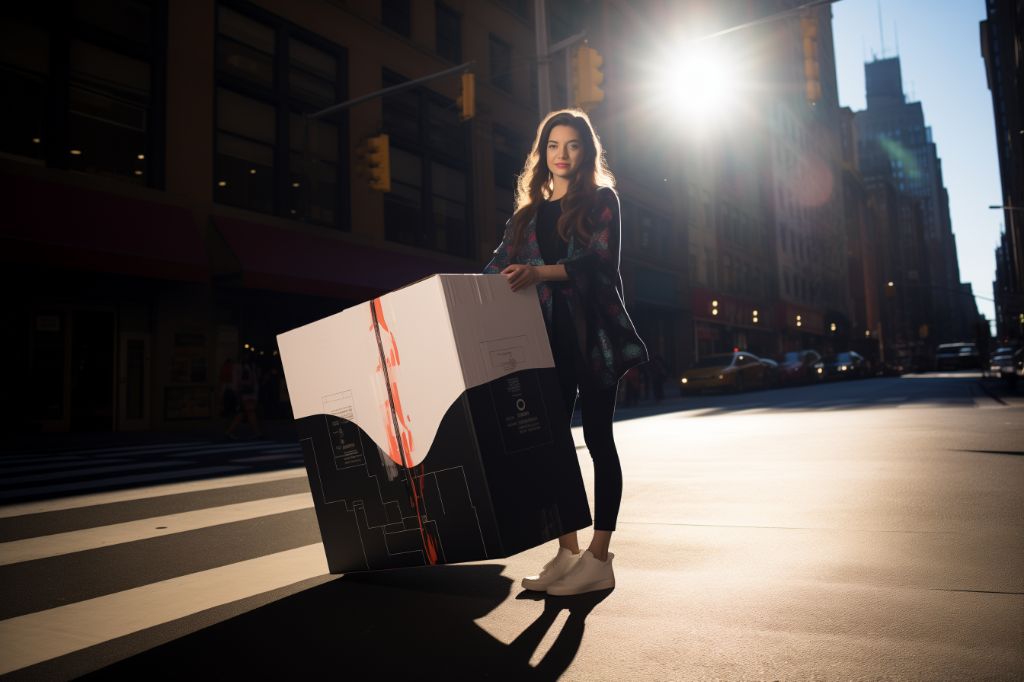 Confident woman with gift box in vibrant city setting