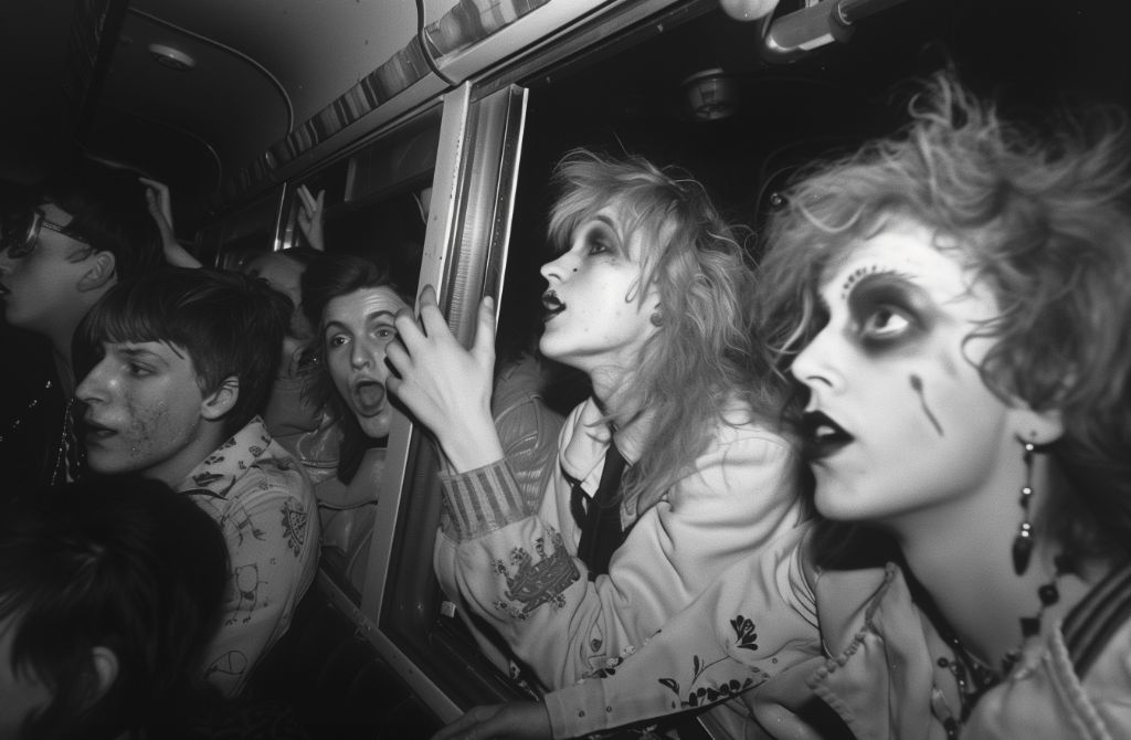 Vintage photo of people in dramatic makeup on a bus at night
